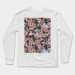 Cherry blossom and chickadees on sky blue Long Sleeve T-Shirt